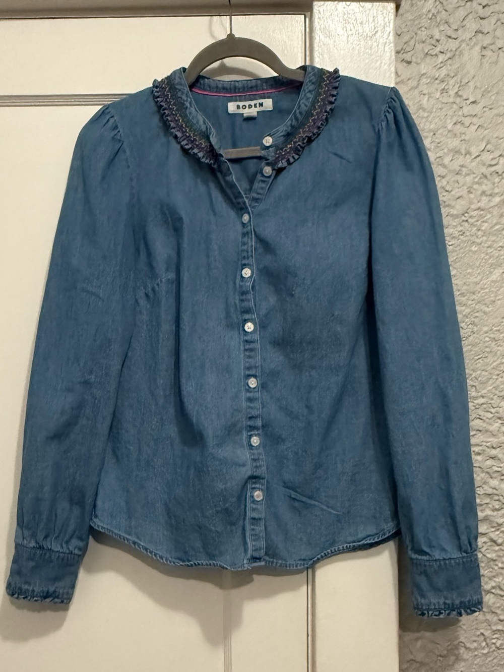 Boden Denim-Blue Chambray Button-Down Top with Ruffled Collar